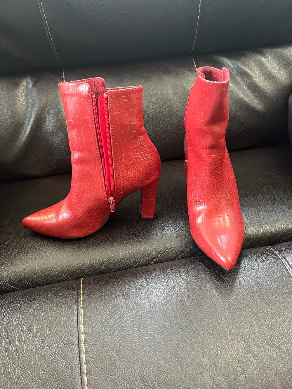 Red Croc-Embossed Pointed Toe Ankle Boots Excellent Condition